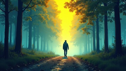 Fototapeta premium A person walking through a misty forest, with fog lifting to reveal a bright landscape ahead, symbolizing gradual recovery from depression and hope.