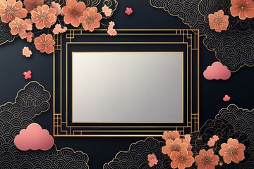 Elegant floral design with pink blossoms and cloud motifs on a dark background.