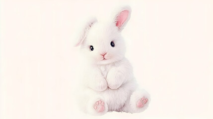 Obraz premium Adorable White Fluffy Bunny Sits Sweetly with Pink Paws on a White Background