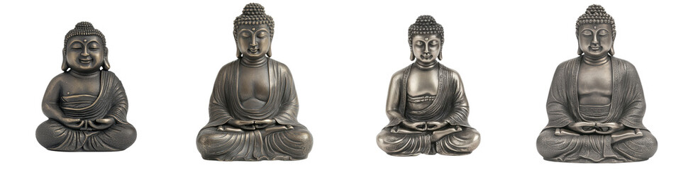 Collection of Serene Buddha Statues in Meditation Pose Symbolizing Peace Tranquility and Spiritual Enlightenment  The statues capture the essence of Buddhist philosophy