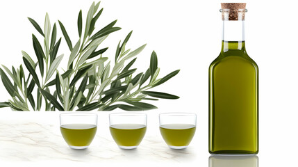 Olive Oil Bottle, Glasses, and Sprig on Marble Countertop with a White Background