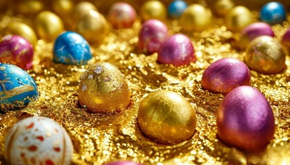 Obraz premium Festive Easter eggs on a background of liquid gold
