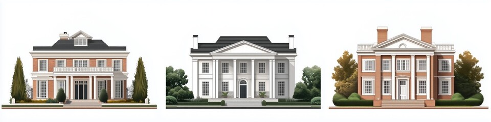 Fototapeta premium Three elegant Colonial Revival house style illustrations showcasing different architectural styles. The first house features a classic design with a balcony, the second is a stately white mansion.