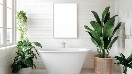 Fototapeta premium Modern Bathroom Interior with White Brick Wall, Bathtub, Plants, and Vertical Frame Mockup Decor