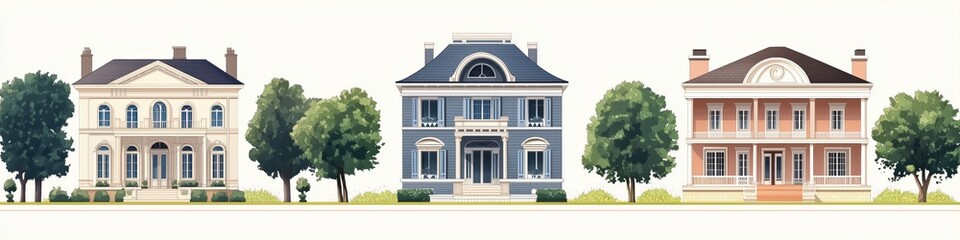Obraz premium A row of three elegant Colonial Revival house style in different architectural styles. The first house is white with classical columns, the second is blue with a prominent balcony.