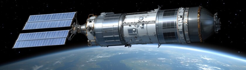 A spacecraft with solar panels orbiting Earth, showcasing advanced technology and exploration.