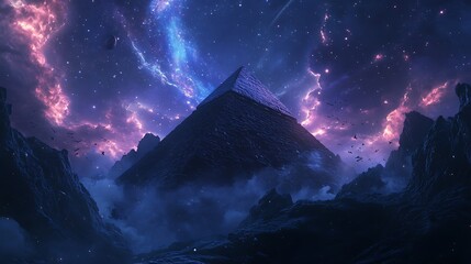 A mystical great pyramid with a fantasy sky filled with shimmering stardust and drifting comets