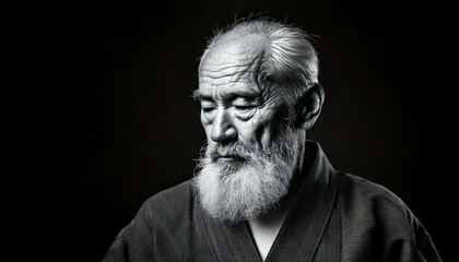 着物を着た老人　モノクロ