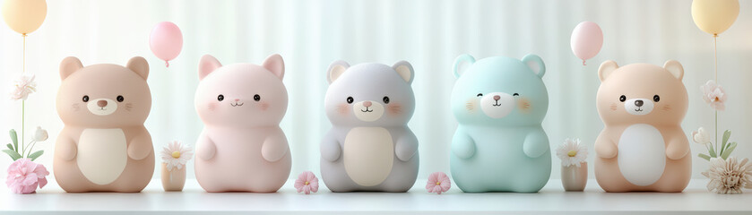 Adorable pastel teddy bears in a nursery setting. Cute plush toys, perfect for children's room decor and gift ideas.