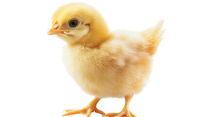 Obraz premium A Tiny Chick: A newborn yellow chick stands on a white backdrop, its small features and fluffy down accentuating its vulnerability and cuteness, inviting a gentle touch and a sense of awe.
