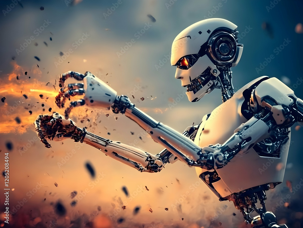 Poster futuristic robot crushing object dramatically with advanced technology in apocalyptic setting.