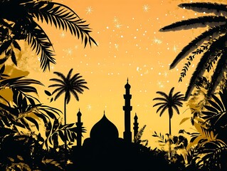 Obraz premium Silhouette Mosque Amidst Tropical Palm Trees Underneath a Starry Sky