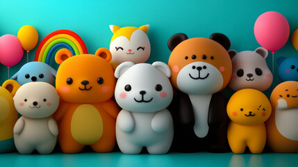 Adorable colorful cartoon animals in a cheerful setting. Balloons and rainbow background enhance playful and whimsical atmosphere. Perfect decor.