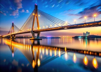 Naklejka premium Night's architectural marvel: a brilliantly lit cable-stayed bridge, showcasing a deep depth of field cityscape.