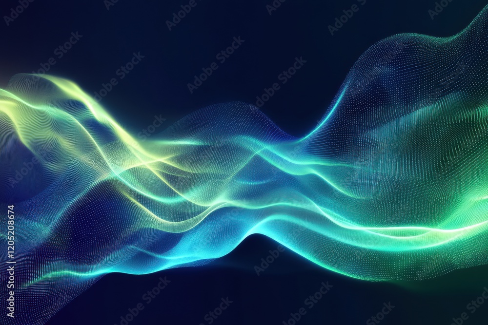 Aufkleber Smooth flowing blue and green waves with a digital abstract design in a dark background. Generative AI
