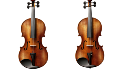 Duo of Violins: A pair of exquisitely crafted violins, rich in warm, amber tones, stand side-by-side, their elegant curves and intricate details showcased in a captivating display.