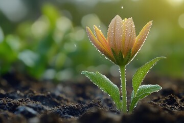 Dew-kissed flower blooms, soil backdrop.