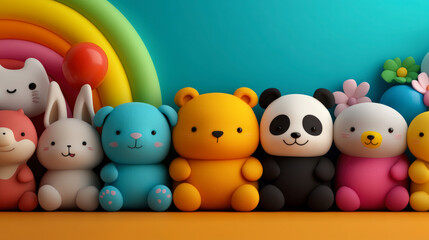 Adorable colorful stuffed animals lined up in a vibrant background. Perfect for kids' room decor or gift ideas.