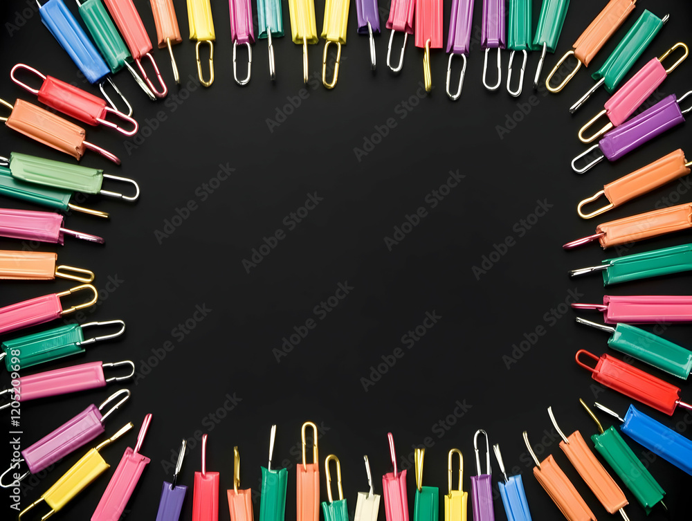 Poster colorful chip bag clips form a border on a black background with space for text or design elements