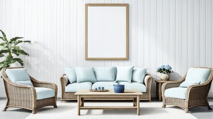 Light blue couch, wicker armchairs & wooden coffee table in a bright room with a blank frame.