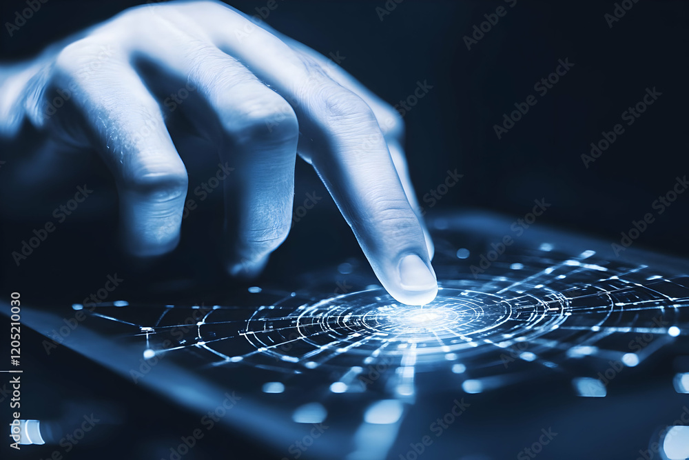 Aufkleber finger touches interactive digital screen with futuristic network interface and creates a ripple eff