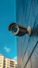 Security Camera Mounted on Building Wall Observes Urban Area Under Blue Sky