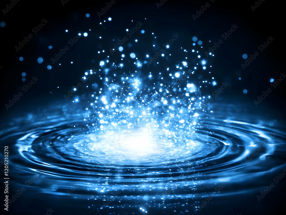 Aufkleber glowing blue particles explode from water surface creating ripples and sparkles elegantly