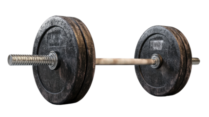 Aged Barbell: A well-worn barbell with heavy, dark grey weight plates, showing signs of use and age, lies isolated against a pure background.  The image evokes themes of strength, perseverance.