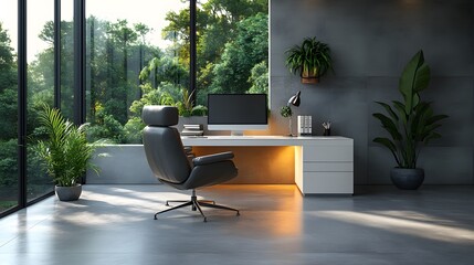 Fototapeta premium Modern workspace 3D ergonomic chairs tech-friendly layout minimalist bright setting 8K realistic