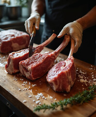 Frenched rack of lamb preparation on butcher block with professional technique, Lamb shanks