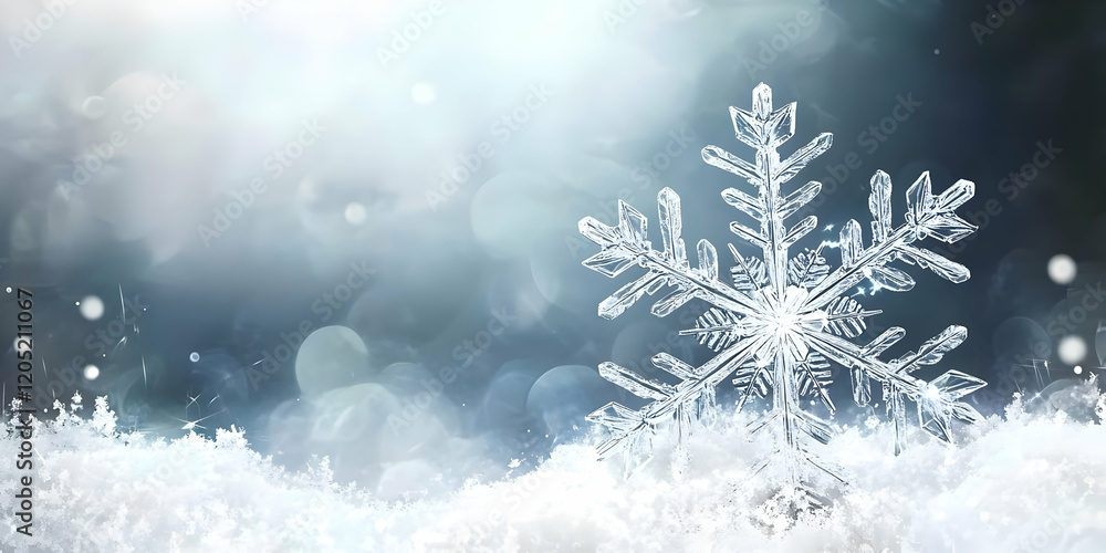 Poster crystal snowflake rests on snowy ground with soft bokeh background