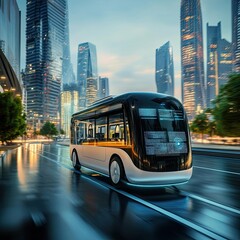Obraz premium Autonomous Electric Bus Drives Through Futuristic Cityscape