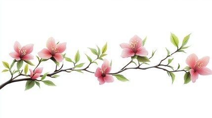 Delicate Pink Flowers Branching with Lush Green Leaves on White Background