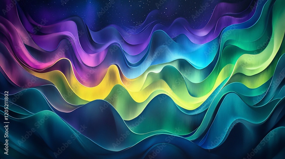 Poster abstract wavy lines of vibrant color resembling a fluid gradient on a dark starry backdrop