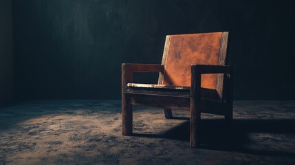 Rustic Wooden Chair With Leather Cushion in Dimly Lit Room
