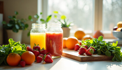 Fresh fruits and greens arranged for a vibrant spring morning smoothie, highlighting seasonal nutrition and renewal