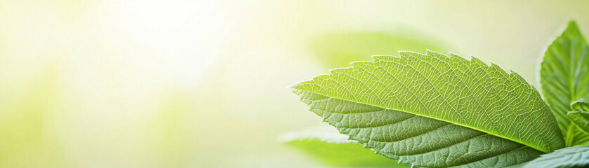 Close-up of fresh green leaves glowing in bright sunlight on a soft focus background, symbolizing natural beauty and life.