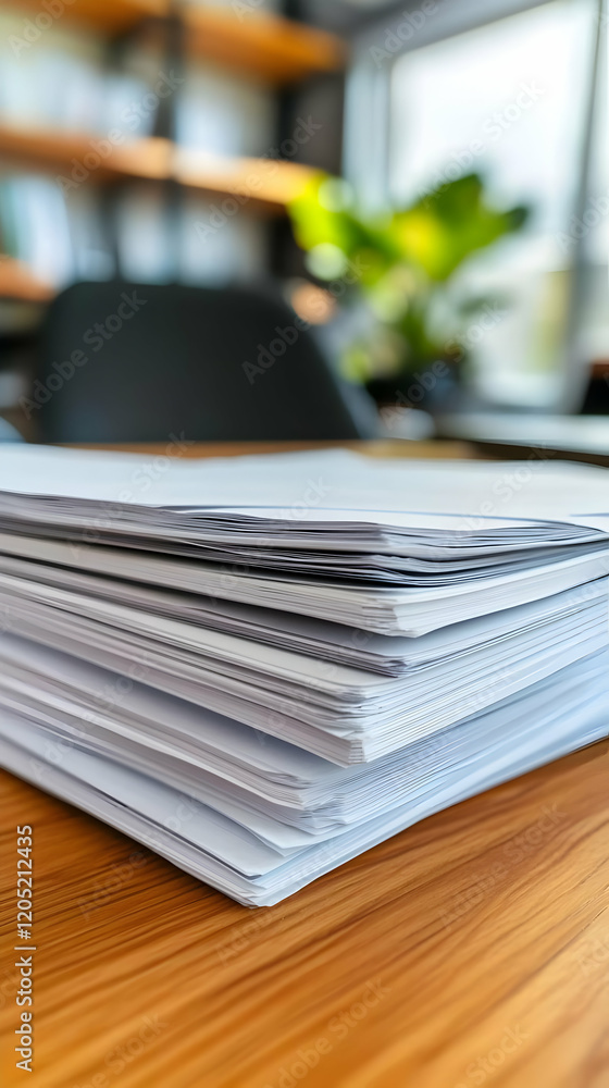 Poster stack of papers sits on wooden desk in office setting with blurred background