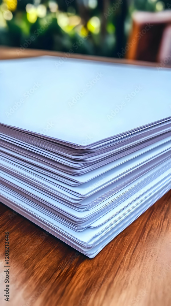 Poster stack of papers sits neatly on a wooden table with a blurred background.