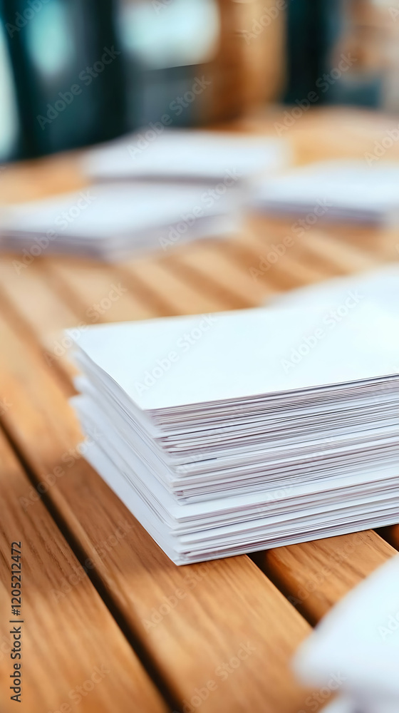 Poster stack of white paper rests on a wooden table in an office setting with blurred background