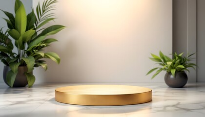 Elegant Gold Display Podium with Lush Greenery