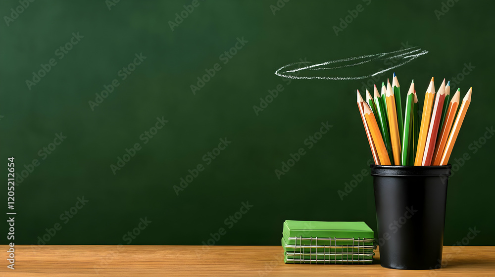 Poster colored pencils in a cup and notebooks on a table with a chalkboard background ready for learning