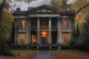 Fototapeta premium A grand, old Georgian house style mansion with classical architecture, featuring tall columns and large windows. The house is surrounded by autumn foliage, with warm light glowing from the windows.