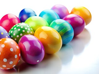Colorful Easter Eggs on White Background - Happy Easter Spring Holiday Celebration
