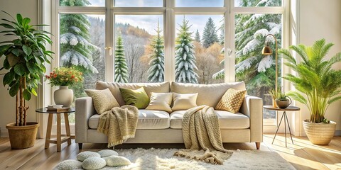 Fototapeta premium Cozy Beige Living Room Winter View Stock Photo - Warm Interior Design