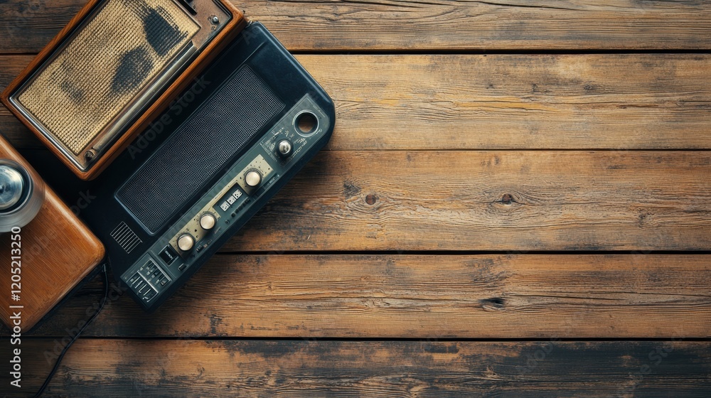 Leinwandbilder retro radio and vintage speaker on rustic wooden table showcasing nostalgia and classic design eleme