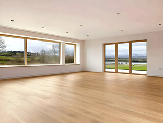 Fototapeta premium Empty Room with Large Windows Showcasing Scenic Landscape Views and Hardwood Floors