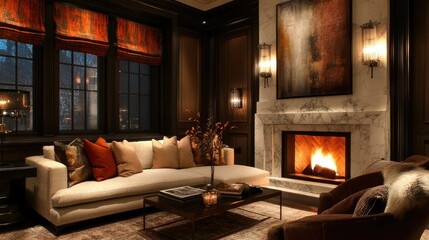 A luxurious living room featuring a sectional sofa, warm lighting, and a marble fireplace. Rich textures add depth and sophistication