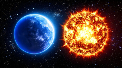 Obraz premium Blue Planet and Fiery Star Dance in the Cosmic Ballet of Space, a Stunning Illustration
