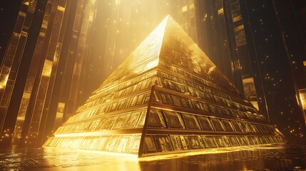 Naklejka premium A pyramid of gold and money standing tall in a modern setting, bathed in luxurious light
